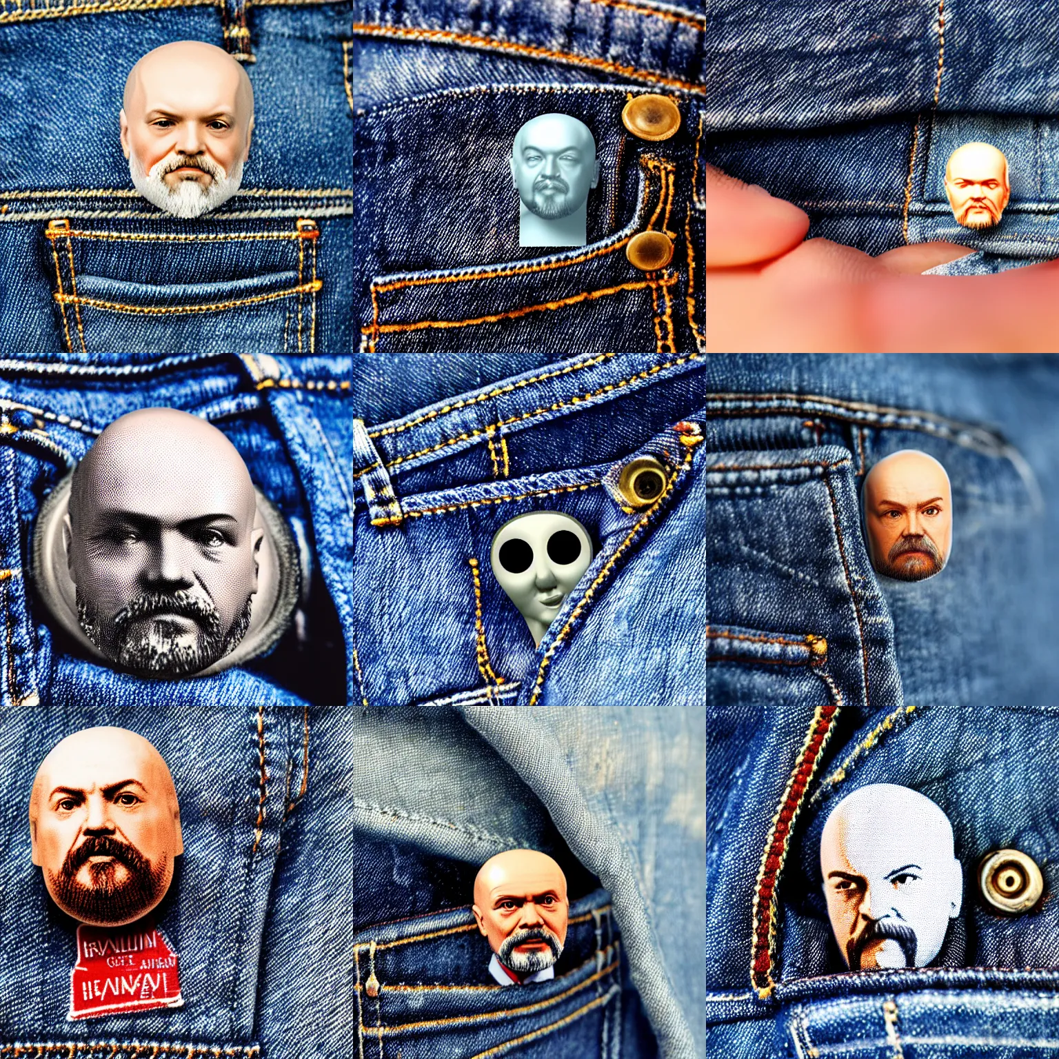 Prompt: a tiny lenin head peeking out of the pocket of jeans