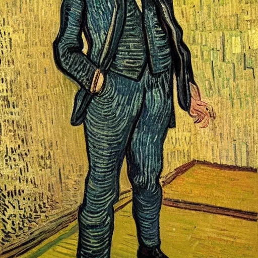 Prompt: a 3 piece suit designed by Vincent Van Gogh, Realistic Photo, Advertising photography