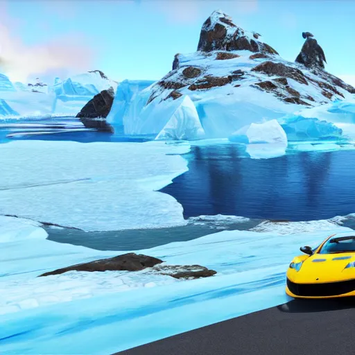 Prompt: promotional screenshot of forza horizon videogame set in antarctica