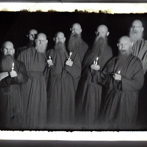 Prompt: trail _ camera _ photo _ of _ a _ breaton monks looking like rasputin with lit candles _ realistic _ spooky _ grimdark _ night _ black _ and _ white, polaroid
