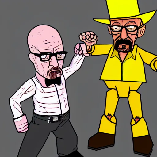 Prompt: walter white from breaking bad fighting freddy fazbear with his fists, 4 k, hyper realistic