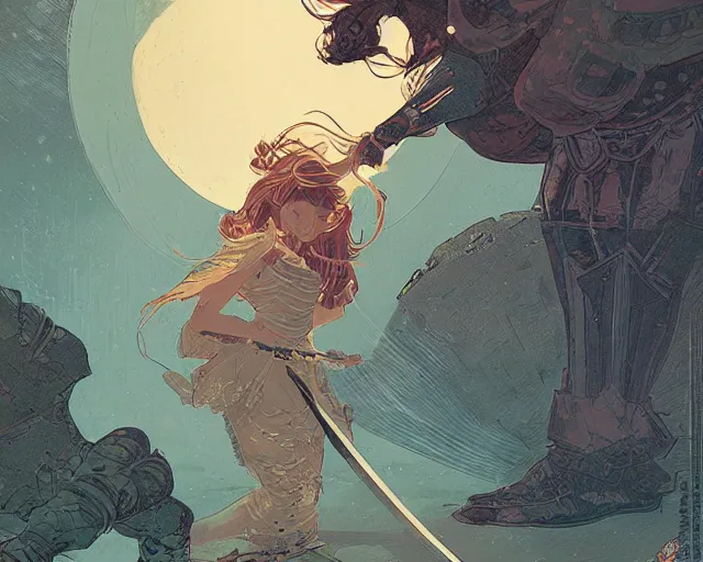 Image similar to a beautiful maiden sword fighting a big burly man, digital art, illustrated by james gurney and victo ngai