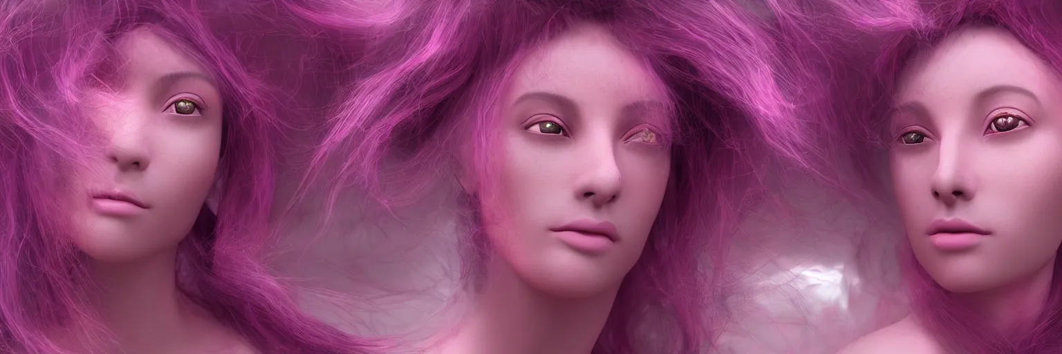 Image similar to A portrait of a very beautiful goddess with pink and deep purple hair radiating an artwork of volumetric displacement, houdini, arnold render, hyperrealism, subsurface scattering, 8k, xparticles