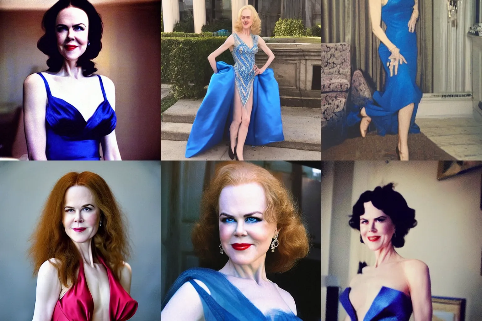 Prompt: “a daughter of Al Capone and Nicole Kidman, she is wearing an blue evening gown, she is smirking at the camera.”