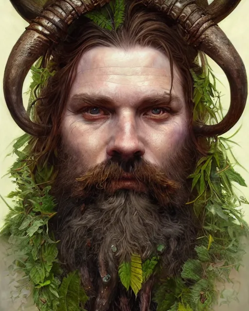 Image similar to forest druid with ram horns and leaves in his beard | highly detailed | very intricate | symmetrical | cinematic lighting | award - winning | closeup portrait | painted by donato giancola and mandy jurgens and charlie bowater | featured on artstation