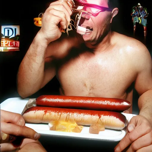 Prompt: cyborg dril eating hot dogs, photograph