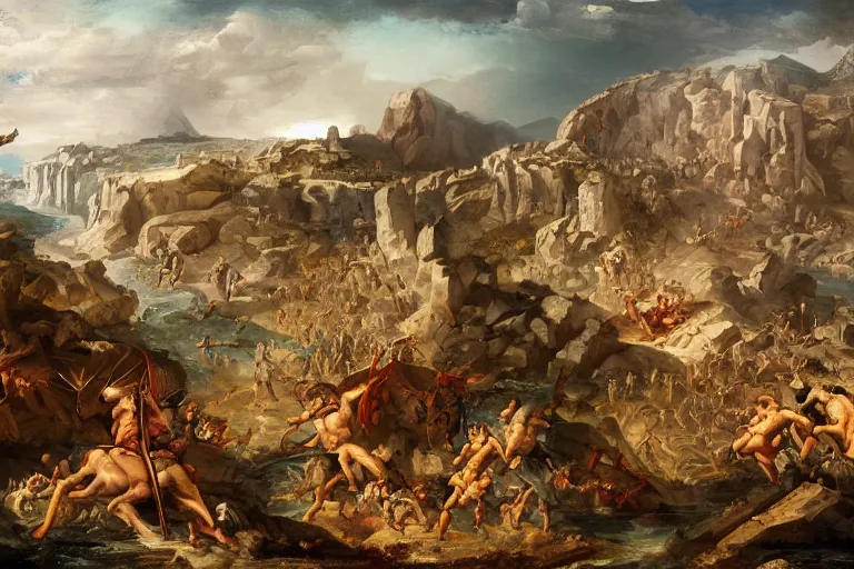 Image similar to landscape of the aftermath of an ancient battle, the art of god of war, digital art by giovanni paolo pannini