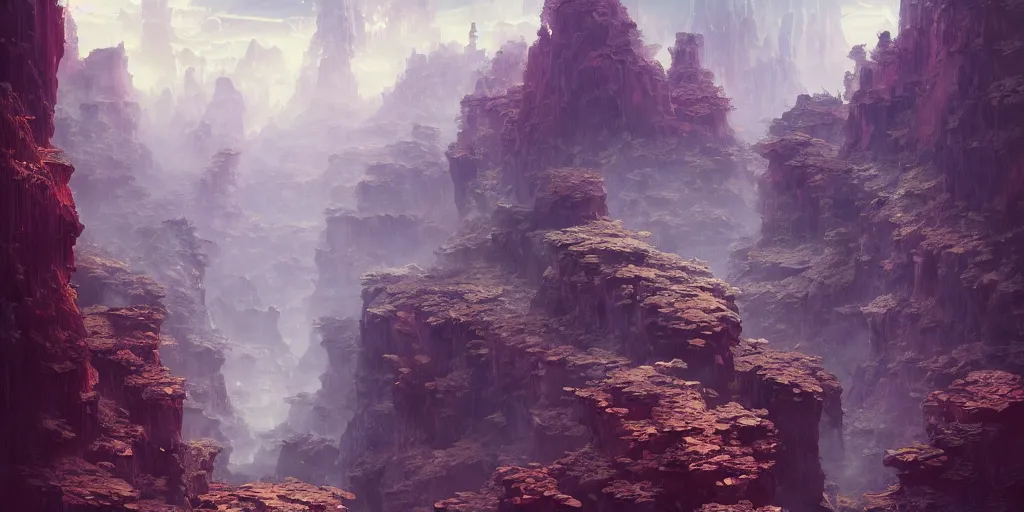 Image similar to fantasy painting of a cloudy canyon, intricate abstract. delicate artwork. by tooth wu, wlop, beeple, dan mumford. octane render, trending on artstation, greg rutkowski very coherent symmetrical artwork. cinematic, hyper realism, high detail, octane render, 8 k, depth of field, bokeh. chrome accents.