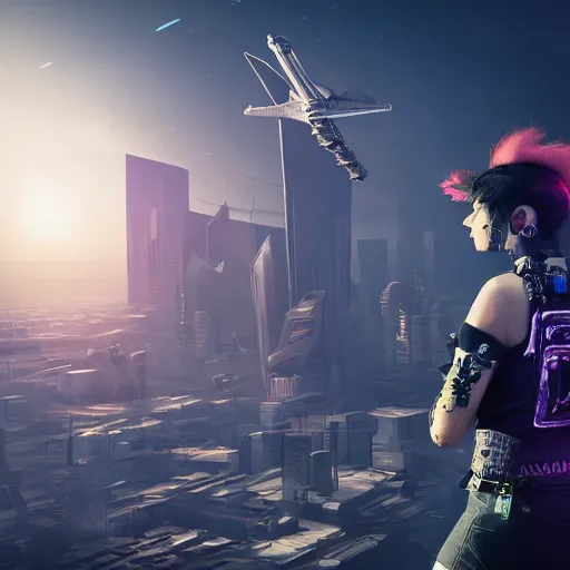 Image similar to a punk girl turns front, big spaceship over city, dust hour, highly detailed, epic, render, unreal engine, in cyberpunk style