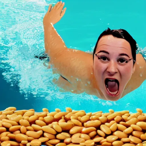 Image similar to photorealistic of the leader of the united kingdom swimming in a pool of beans