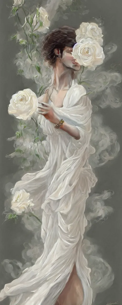 Image similar to woman dressed in a vaporous wrapped large victorian white roses semi -transparent silk dress fashion, D&D, fantasy, intricate, elegant, highly detailed, digital painting, artstation, concept art, matte, sharp focus, illustration, art by Artgerm and Greg Rutkowski and Alphonse Mucha