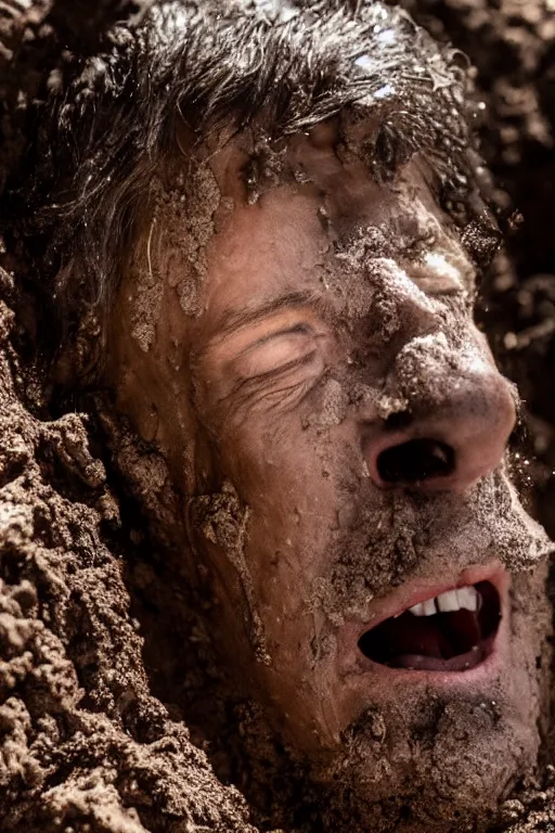 Image similar to cinematic still randy mantooth covered in mud emerging from inside a giant hole made of flesh, 4 k, dramatic lighting