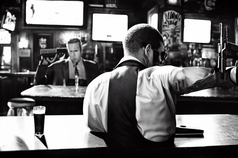 Prompt: portrait of a man in a bar, Tarantino Pulp Fiction style, guns, girls, realistic, sharp focus, 8k high definition, medium format film photography, insanely detailed