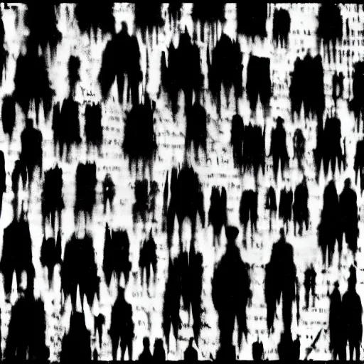 Image similar to dark abstract noisy blurry black and white disturbing old photograph full of mysterious black silhouettes, tim burton