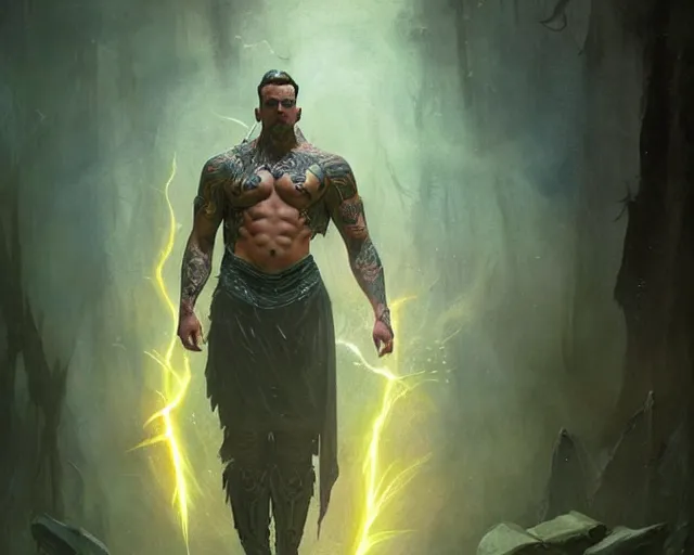 Image similar to handsome tattooed gym bro warlock lightning magic spell vfx, diagonal spell vfx, fantasy game spell, fantasy epic digital art, by greg rutkowski, gaston bussiere, craig mullins, j. c. leyendecker, tom of finland