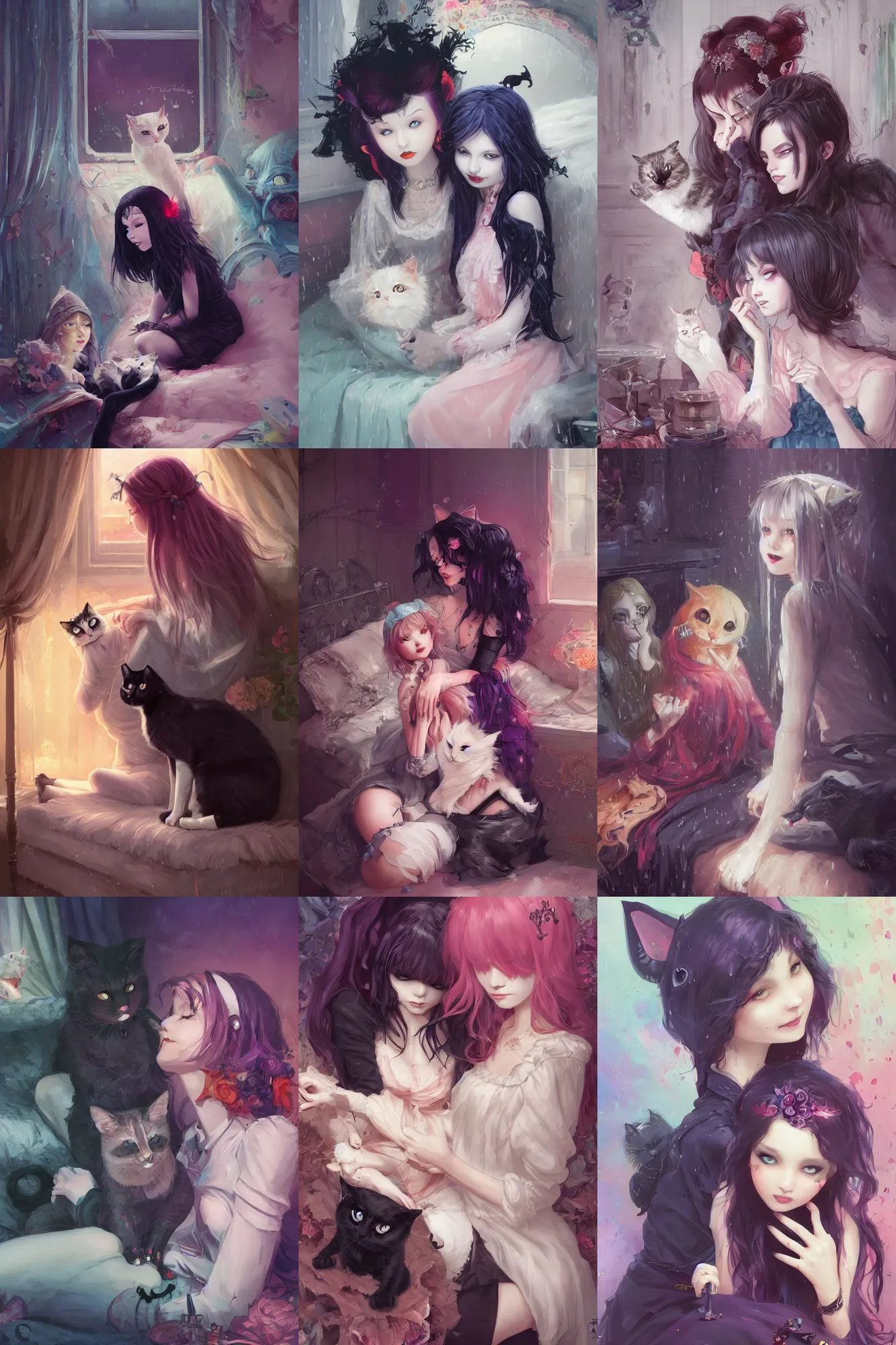 Prompt: two beautiful goth girl sitting in her bedroom petting a cat | | cute - fine - subtle smile, colorful hair, face, pretty face, raining outside, fine details by stanley artgerm lau, wlop, rossdraws, james jean, andrei riabovitchev, marc simonetti, and sakimichan, trending on artstation