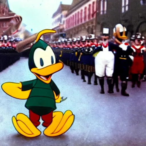 Image similar to historic colorized photograph of donald duck at a nazi parade in 1 9 3 6