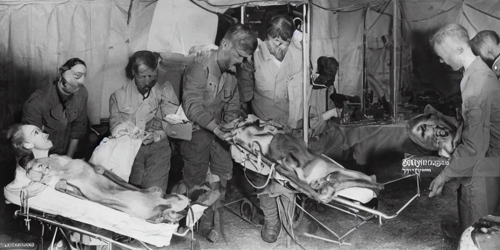 Prompt: photograph in a ww 2 field hospital, hamsters on stretchers, hamster medics caring for injured hamsters, no humans in the image, detailed