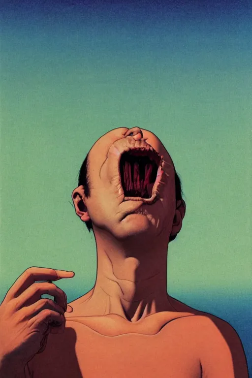 Image similar to a closeup portrait of a simple man licking a tab of LSD acid on his tongue and dreaming psychedelic hallucinations, by kawase hasui, moebius, Edward Hopper and James Gilleard, Zdzislaw Beksinski, Steven Outram colorful flat surreal design, hd, 8k, artstation