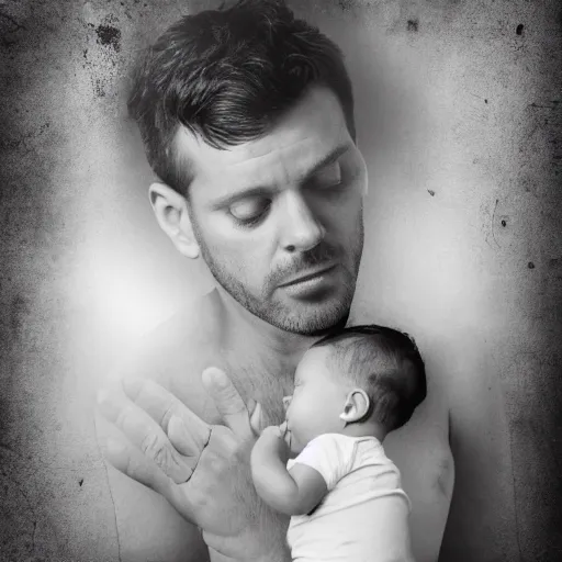 Prompt: father with child. digital photocollage. soft matte natural tones. matte background. HD 8x