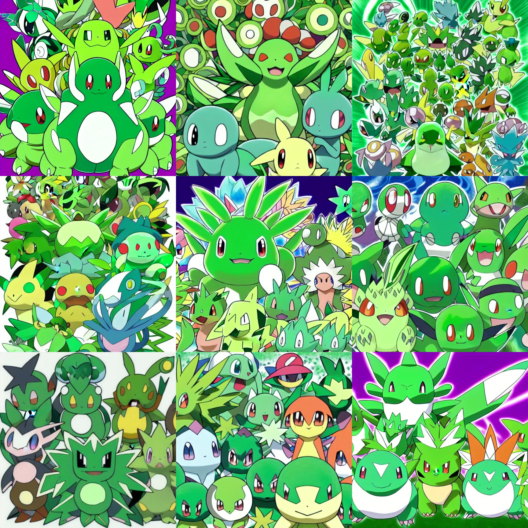 Prompt: official art of a diverse crowd of green Pokémon, by Ken Sugimori and Junichi Masuda, whitespace, Bulbapedia, Pokémon logo, Tangela Bellsprout Venusaur Bellossom Sunflora