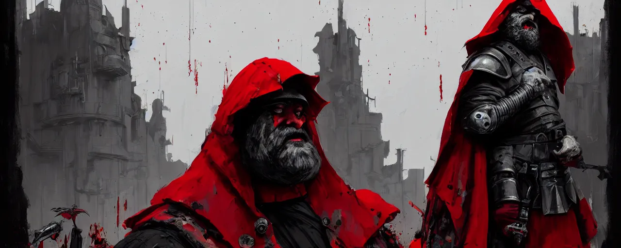 Image similar to duotone crimson comic noir illustration 3 / 4 portrait of bloody baron fat old man with patchy beard in steel armor and crimson cape hood from wicther 3 sitting in a wooden stronghold. by sachin teng and sergey kolesov and ruan jia and heng z. graffiti art, scifi, fantasy, hyper detailed. octane render. concept art. trending on artstation