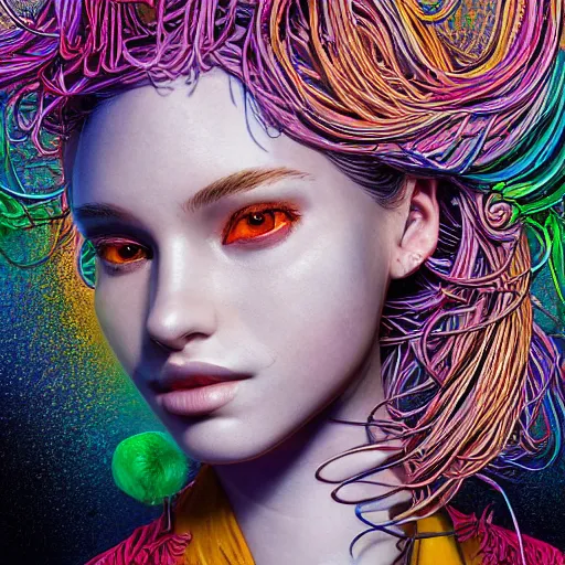 Image similar to the portrait of a ridiculously beautiful and pretty woman partially made of onion rings of all colors looking up, an ultrafine detailed illustration by james jean, final fantasy, intricate linework, bright colors, behance contest winner, vanitas, angular, altermodern, unreal engine 5 highly rendered, global illumination, radiant light, detailed and intricate environment