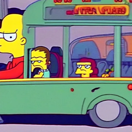 Prompt: boba fett driving a school bus in a bustling modern city, on the television show simpsons