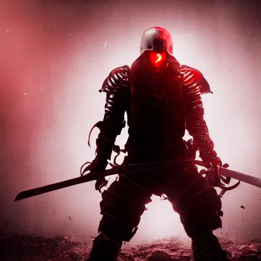 Image similar to a young man with full body armor white and red with a sword, battling killer, creepy, death, demon, horrifying, dead, arm gets chopped off, dramatic lighting, cinematic, 8k, hyperrealistic, detailed, depth, vray