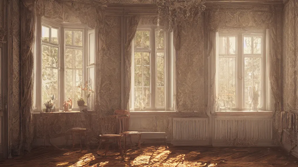 Image similar to richly decorated Victorian house, beautiful, detailed wood, photorealistic, photorealism, the autumn light comes in through a window, diffuse light, octane render