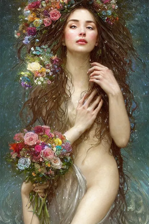 Image similar to portrait of a beautiful mysterious woman holding a bouquet of flowing flowers, wet dripping long hair, hands hidden under the bouquet, emerging from the water, fantasy, regal, intricate, by stanley artgerm lau, greg rutkowski, thomas kindkade, alphonse mucha, loish, norman rockwell