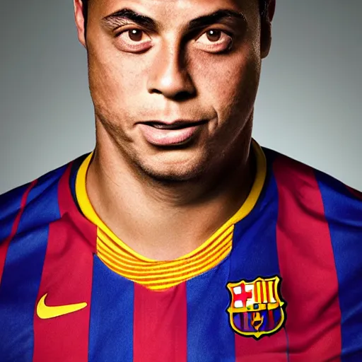 Image similar to fc barcelona, ronaldo nazario fenomeno, head and shoulders shot, portrait, photograph by martin schoeller