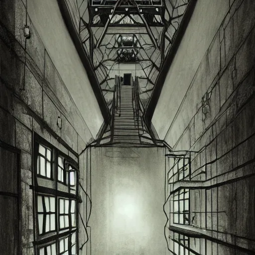 Image similar to a terrifying dark hallway with many doors and many stairs, impending doom, horror, Mc Escher architecture, epic composition, anime key visual