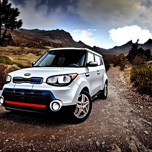 Image similar to Kia Soul, Professional Photography, Skyrim, Off-roading, Mountain landscape, dirt, road, cinematic color, photorealistic, highly detailed wheels, highly detailed