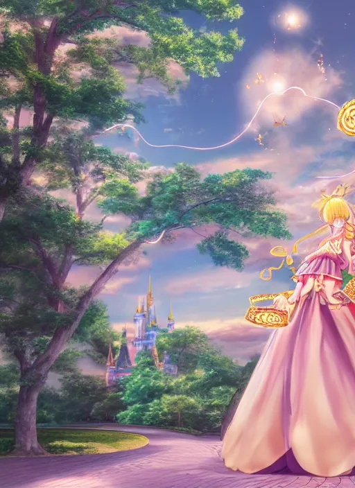 Image similar to a pleasant, beautiful, funny, smooth 3D CG render, semirealistic anime style, a noblepriestess magician girl wearing dress and jewelry, in a glorious magic kingdom, relaxing calm vibes, fairytale