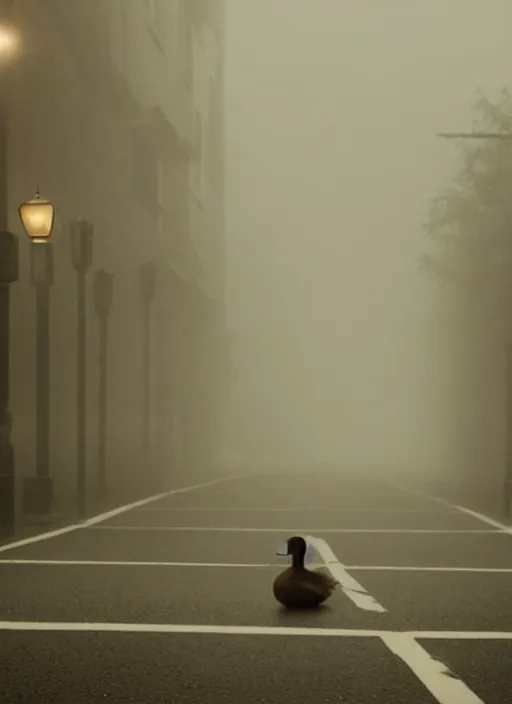 Image similar to a lonely duck under a street light, fog, still from a movie by bong joon - ho