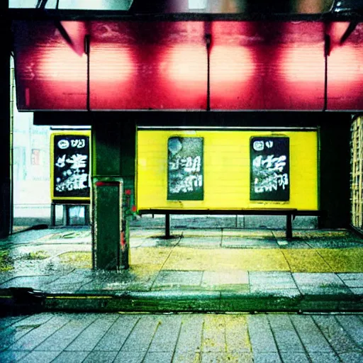 Prompt: Analog photo of Tokyo, abandoned busstop, with pink green and yellow neon signs, in the rain, at night, depth of field