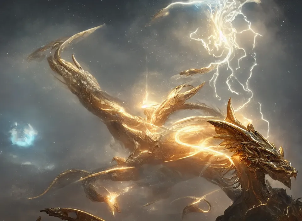 Image similar to a white - gold sacred dragon surrounded by lightning and holy light, aura of light, artificial intelligence, scifi, futuristic, highly detailed, trending on artstation, lee ji - eun, advanced technology, art by vitaly bulgarov and nivanh chanthara and lance wilkinson