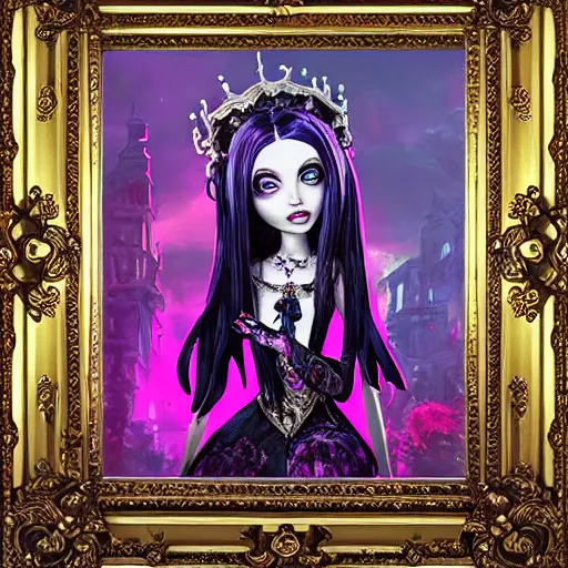 Image similar to baroque bedazzled gothic royalty frames surrounding a watercolor portrait of monster high draculaura doll, stephen bliss, unreal engine, by greg rutkowski, loish, rhads, makoto shinkai and lois van baarle, ilya kuvshinov, rossdraws, global illumination, radiant light, detailed and intricate environment, watercolor lighting