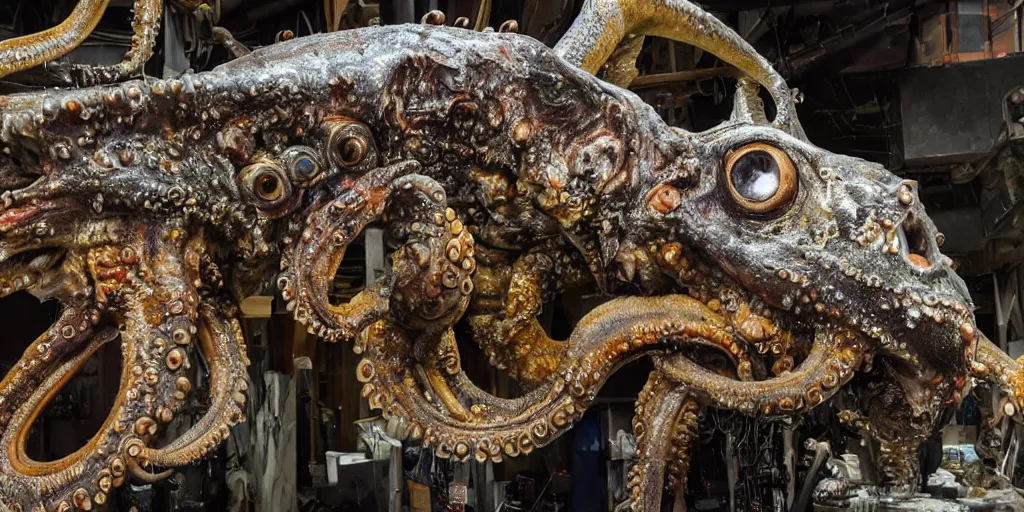 Prompt: low wide angle photo taken of an epic intricate, ultra detailed, super realistic gritty, hero prop, exquisitely painted animatronic movie prop of a wet slimy grotesque nightmarish hellish mutant cephalopod creature displayed in the workshop, created by weta workshop, full body shot, photorealistic, sharp focus