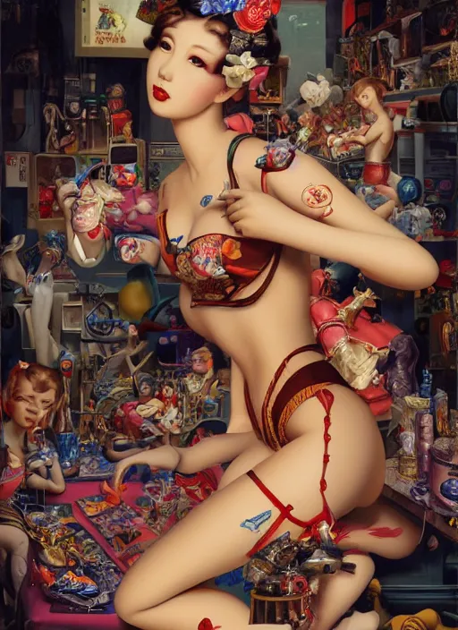 Prompt: inside the incredible complicated doll factory, painting by Gil Elvgren and Shin Jeongho, Shohei Otomo. trending on Artstation, 8k, masterpiece, face enhance, graffiti paint, fine detail, full of color, intricate detail, golden ratio illustration