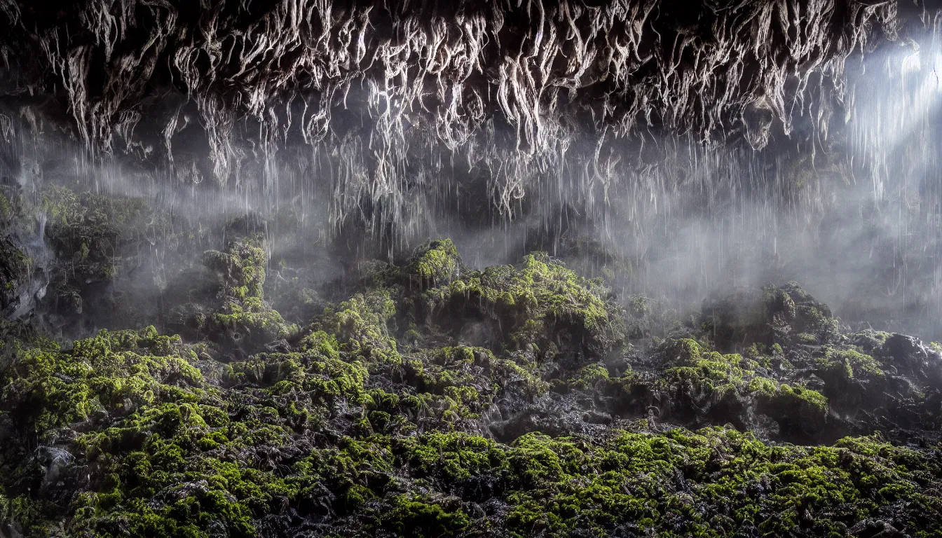 Image similar to dark wet expansive caves with growing fungal mycelium biodiversity ,deep boiling pools of water reflecting the surfaces around them spraying steam high into the air , small futuristic cities emerge in between the rock formations, dramatic dusk sun illuminates areas and cast strong shadows, volumetric light through the boiling mist ,detailed entangled fibres carpet the fallen rocks , tree roots puncture and crack rocks , stormy clouds gather in the distance ,full colour , upscale , 8k