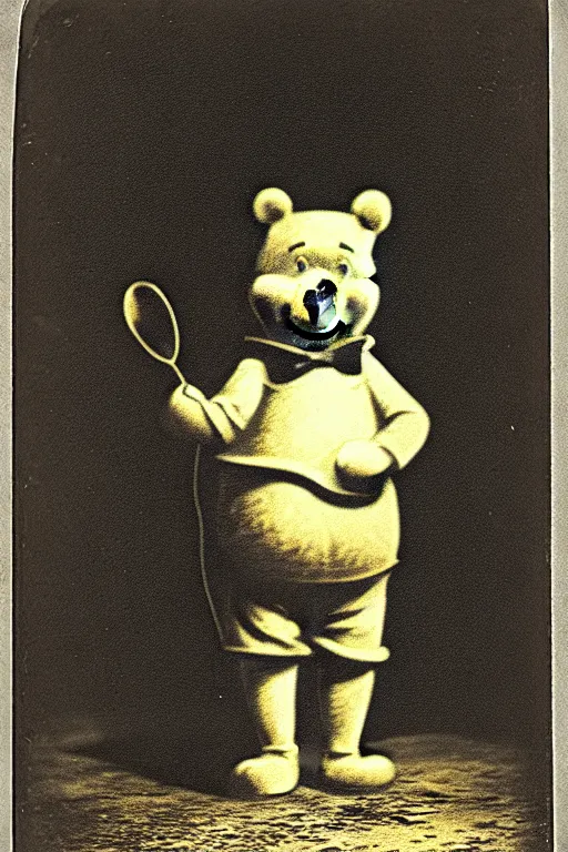 Prompt: daguerreotype photograph of winnie the pooh with [ [ [ glowing eyes ] ] ] standing creepily in the middle of a pitch black room, pitch black, light coming only from his eyes, creepy, dramatic lighting