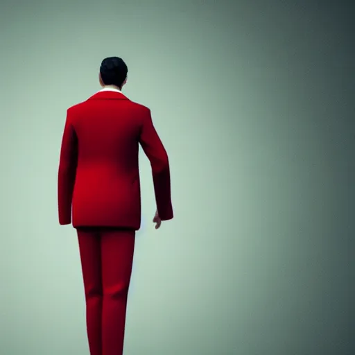 Prompt: a man with an elegant red suit, photography, 3 d render, at night