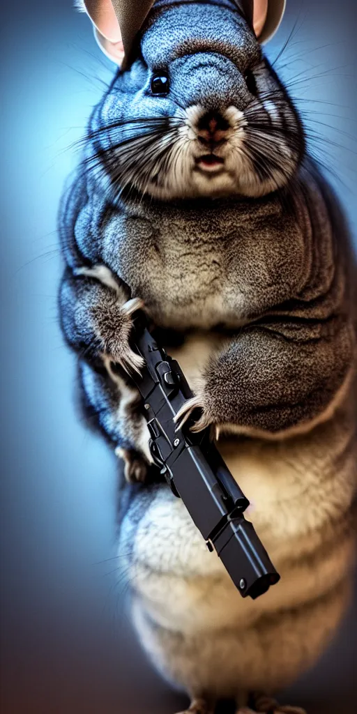 Prompt: cinematic shot chinchilla holding a pistol, hyper realistic, mood lighting, fantasy, detailed face, highly detailed, super realistic, perfect lighting pixel sorting