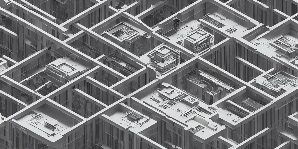 Image similar to high tech building cluster concept drawings with exposed sections designed by paul rudolph and frank lloyd wright and bauhaus, trending on artstation, rectilinear, isometric, isometric view, digital art, game art, 8 k, photorealistic, dramatic lighting, colour scheme by moebius and nicolas party