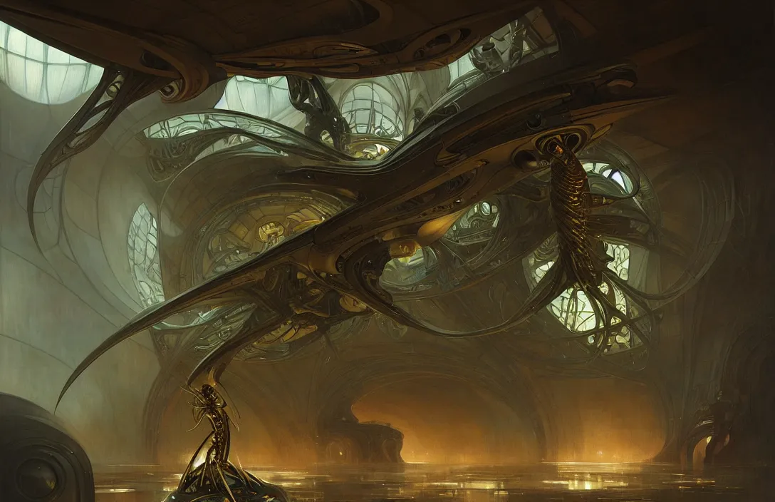 Image similar to interior of an evil alien insectoid spaceship, heroic lighting, sci-fi, intricate, elegant, highly detailed, lifelike, photorealistic, digital painting, artstation, illustration, concept art, smooth, sharp focus, art by John Collier and Albert Aublet and Krenz Cushart and Artem Demura and Alphonse Mucha