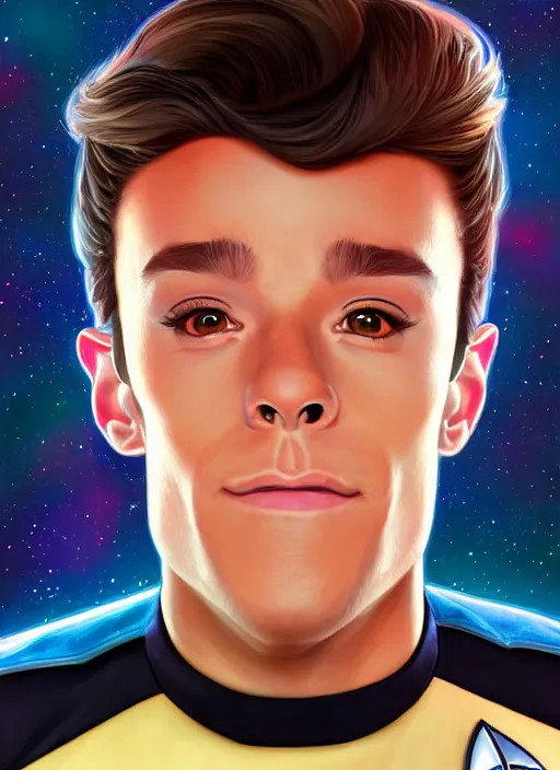 Image similar to cute star trek officer tom daley, natural lighting, path traced, highly detailed, high quality, digital painting, by don bluth and ross tran and studio ghibli and alphonse mucha, artgerm