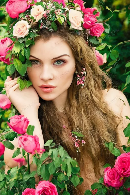 Prompt: realistic photograph of a beautiful woman in a lush garden with roses in her hair and an intricate gown, portrait, highly detailed,