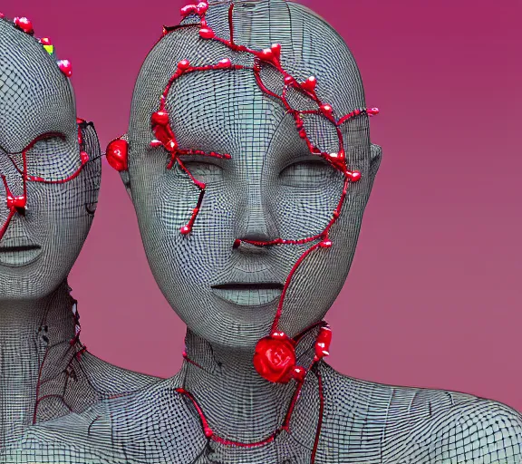 Image similar to a complex 3d render ultra detailed of two tulle wrapped perfect human face female half android queens praying together with wires tangled behind them connected to giant computer,bowknot, fine lace. GUCCI,sculpture,red rose, sparkling, jewel embellishment, cyberpunk 2077, film lighting, anatomical, facial muscles, cable wires, microchip, by Stanely Artgerm, Tom Bagshaw, Andrei Riabovitchev, aaron horkey, trending on pinterest,ZBrush, full of color, luxury, mythological, ultra realistic, high detail,concept art,golden ratio,cinematic lighting H 768